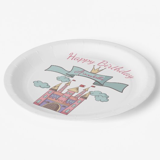 キュートピンクフェアリーテイルプリンセス城名前をカスタムする ペーパープレート (アングル)