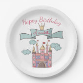 キュートピンクフェアリーテイルプリンセス城名前をカスタムする ペーパープレート (正面)