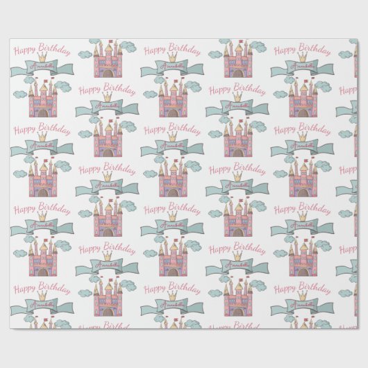 キュートピンクフェアリーテイルプリンセス城名前をカスタムする ラッピングペーパー (フラット)