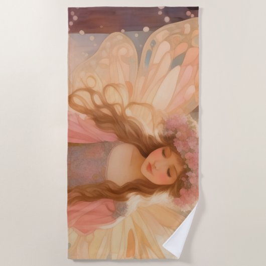キュートピンクフェアリー絵画ファンタジー ビーチタオル (正面)