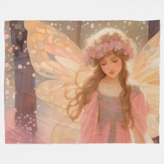 キュートピンクフェアリー絵画ファンタジー フリースブランケット (正面(横))