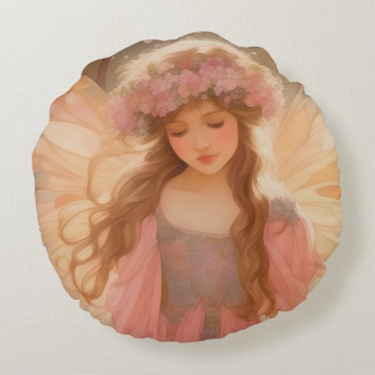 キュートピンクフェアリー絵画ファンタジー ラウンドクッション (裏面)
