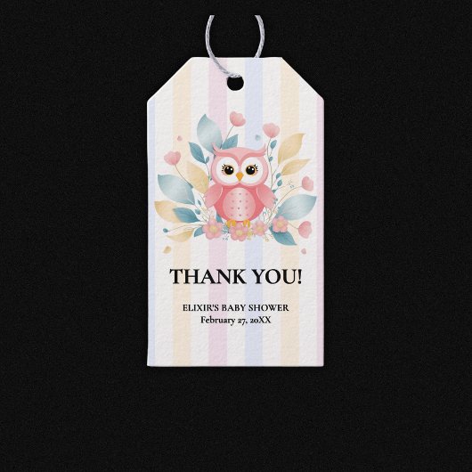 キュートピンクフクロウパステルフローラデザインベビーシャワー ギフトタグ