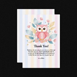 キュートピンクフクロウパステルフローラデザインベビーシャワー サンキューカード