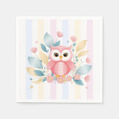 キュートピンクフクロウパステルフローラデザインベビーシャワー スタンダードカクテルナプキン (正面)