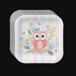 キュートピンクフクロウパステルフローラデザインベビーシャワー ペーパープレート