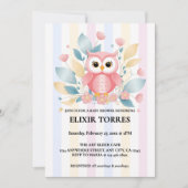 キュートピンクフクロウパステルフローラデザインベビーシャワー 招待状 (正面)