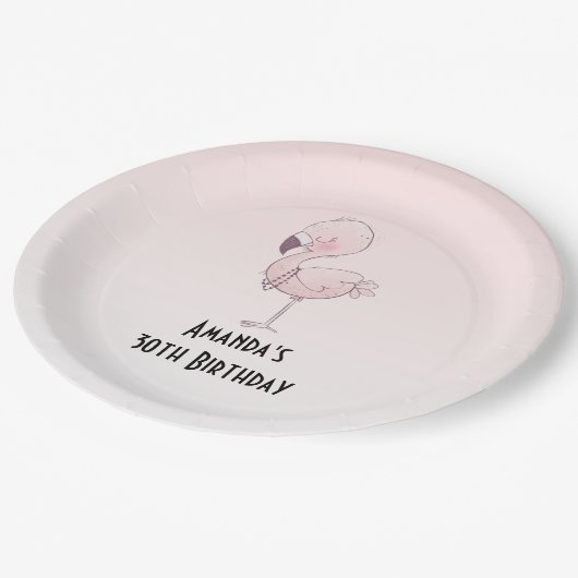 キュートピンクフラミンゴイラストレーション誕生日 ペーパープレート (アングル)