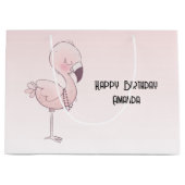 キュートピンクフラミンゴイラストレーション誕生日 ラージペーパーバッグ (正面)