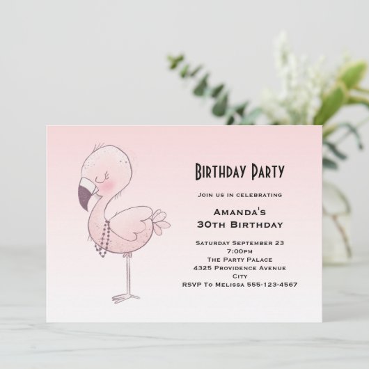 キュートピンクフラミンゴイラストレーション誕生日 招待状 (スタンド正面)