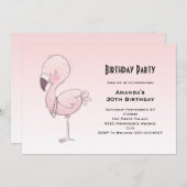 キュートピンクフラミンゴイラストレーション誕生日 招待状 (正面/裏面)