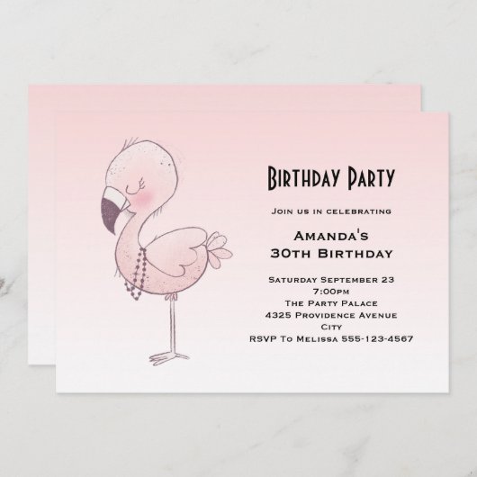 キュートピンクフラミンゴイラストレーション誕生日 招待状 (正面/裏面)