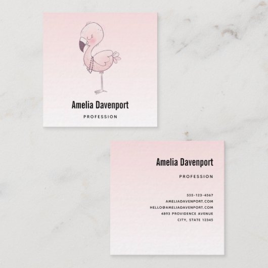 キュートピンクフラミンゴイラストレーション スクエア名刺 (正面/裏面)