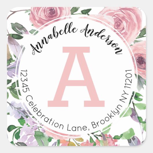 キュートピンクフローラウォーターカラーモノグラム住所 シール (正面)