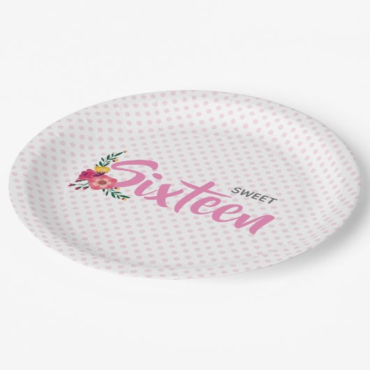 キュートピンクフローラガールズSweet sixteen誕生日 ペーパープレート (アングル)