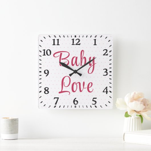 キュートピンクフローラバラ水玉模様ベビー子供部屋 スクエア壁時計 (ホーム)