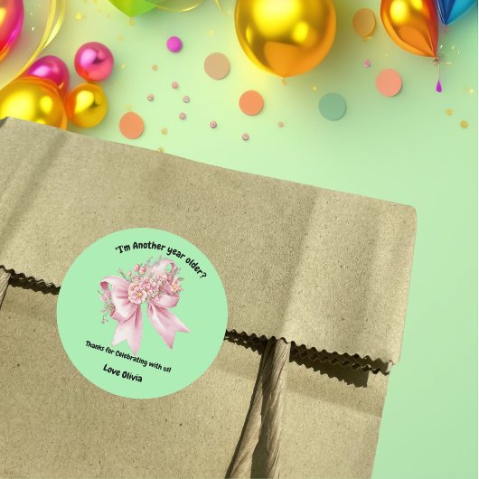 キュートピンクフローラボウガール誕生日 ラウンドシール