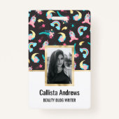 キュートピンクブラックユニコーンレインボーフローラ星 バッジ (正面)