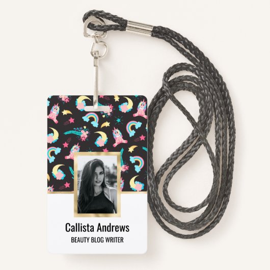 キュートピンクブラックユニコーンレインボーフローラ星 バッジ (正面ランヤード)