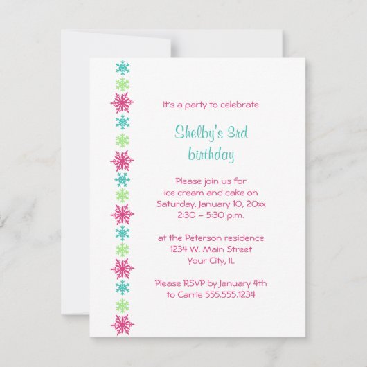 キュートピンクブルースノーフレークウィンター誕生日 招待状 (正面)