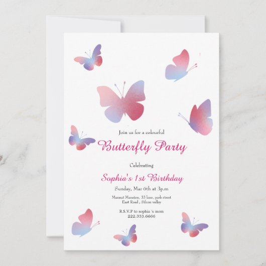 キュートピンクブルーバタフライ誕生日 招待状 (正面)