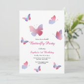 キュートピンクブルーバタフライ誕生日 招待状 (スタンド正面)