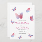 キュートピンクブルーバタフライ誕生日 招待状 (正面/裏面)