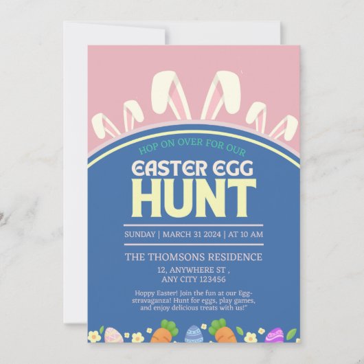 キュートピンクブルー春バニーイースターエッグ狩り 招待状 (正面)