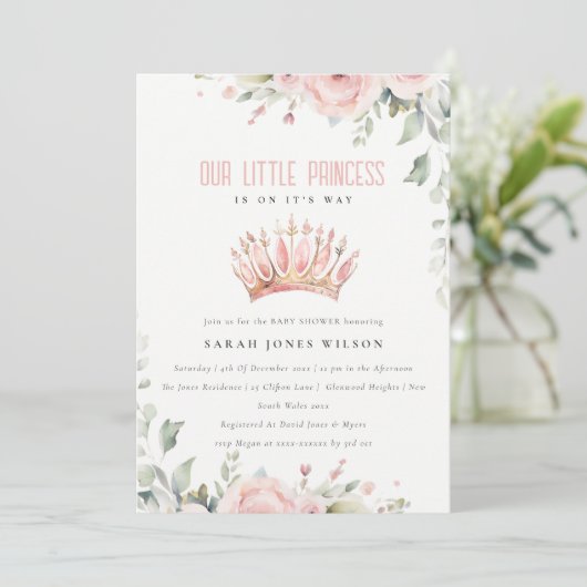 キュートピンクプリンセスクラウンティアラフローラベビーシャワー 招待状 (スタンド正面)