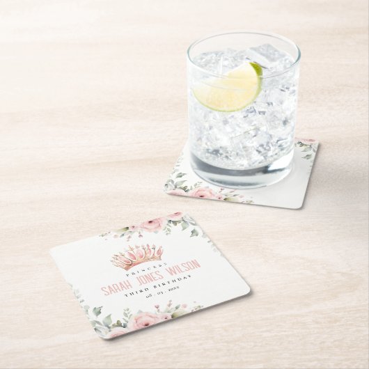 キュートピンクプリンセスクラウンティアラフローラ誕生日 スクエアペーパーコースター (インサイチュ)