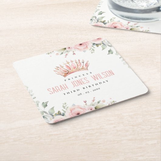 キュートピンクプリンセスクラウンティアラフローラ誕生日 スクエアペーパーコースター (アングル)
