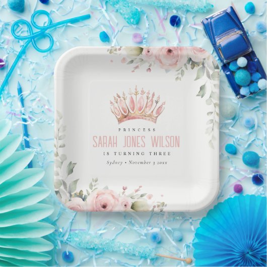 キュートピンクプリンセスクラウンティアラフローラ誕生日 ペーパープレート (パーティー)