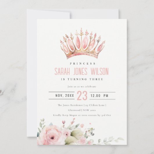 キュートピンクプリンセスクラウンティアラフローラ誕生日 招待状 (正面)