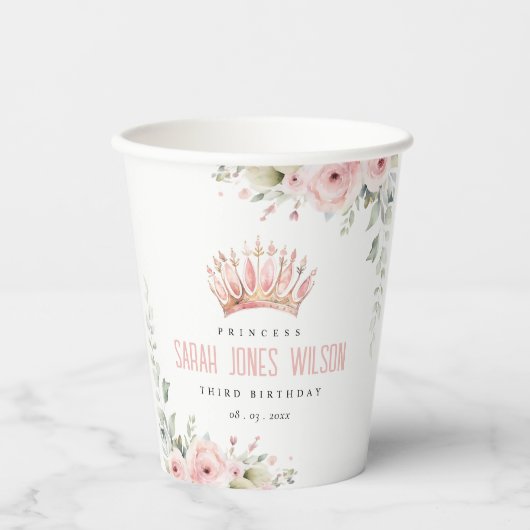 キュートピンクプリンセスクラウンティアラフローラ誕生日 紙コップ (正面)