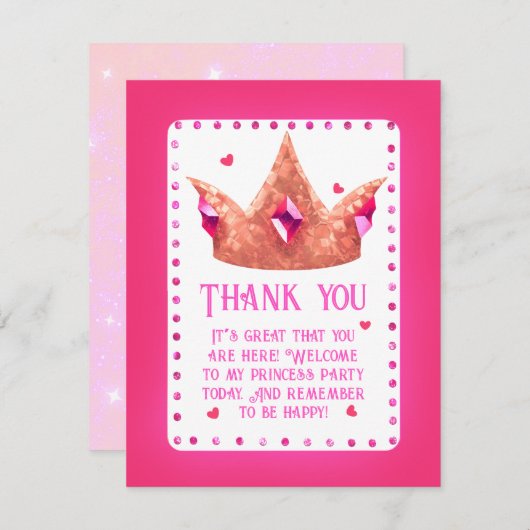 キュートピンクプリンセス誕生日フラットサンキューカード サンキューカード (正面/裏面)