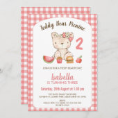 キュートピンクプレッドテディベアーピクニック誕生日 招待状 (正面/裏面)