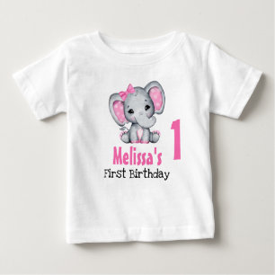 キュートピンクベビーエレファントファースト誕生日 ベビーTシャツ