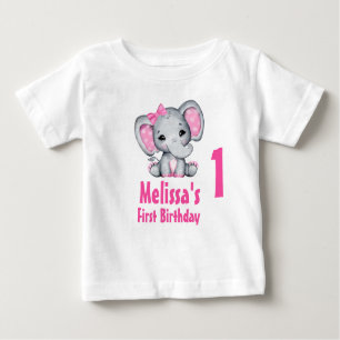 キュートピンクベビーエレファントファースト誕生日 ベビーTシャツ