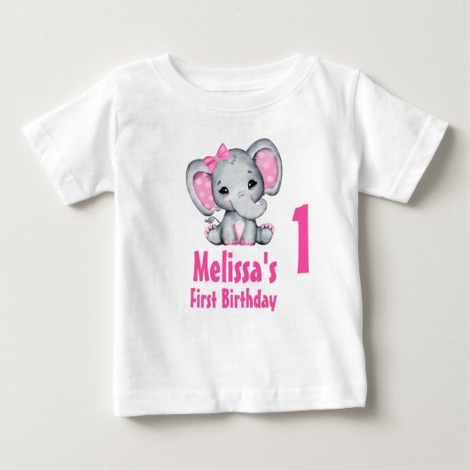 キュートピンクベビーエレファントファースト誕生日 ベビーTシャツ (正面)
