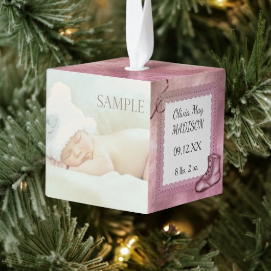 キュートピンクベビーガール写真テンプレート キューブオーナメント (ツリー)