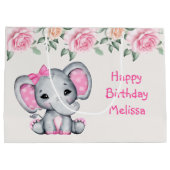 キュートピンクベビーゾウとバラ縁ど誕生日 ラージペーパーバッグ (裏面)