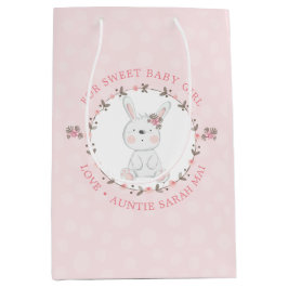 キュートピンクベビーバニーフローラリース パーソナライズされた ミディアムペーパーバッグ