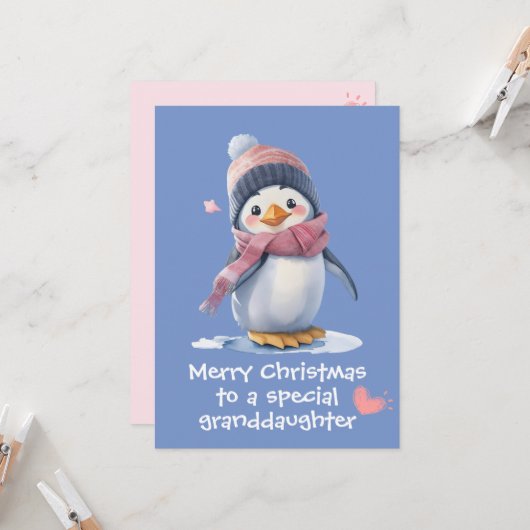 キュートピンクベビーペンギン子供へクリスマス カード (正面/裏面インサイチュ)