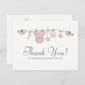 キュートピンクベビー物干し線 |赤ちゃんシャワーありがとう ポストカード (正面/裏面)