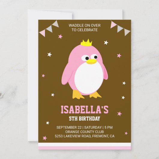 キュートピンクペンギンガールズバースデーパーティー招待状 招待状 (正面)
