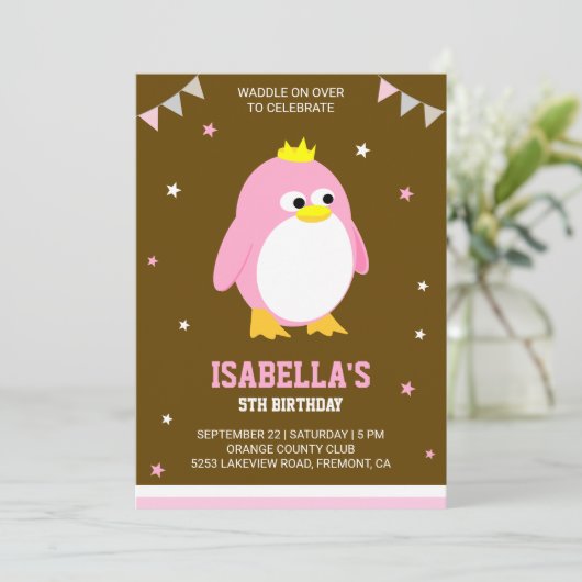 キュートピンクペンギンガールズバースデーパーティー招待状 招待状 (スタンド正面)