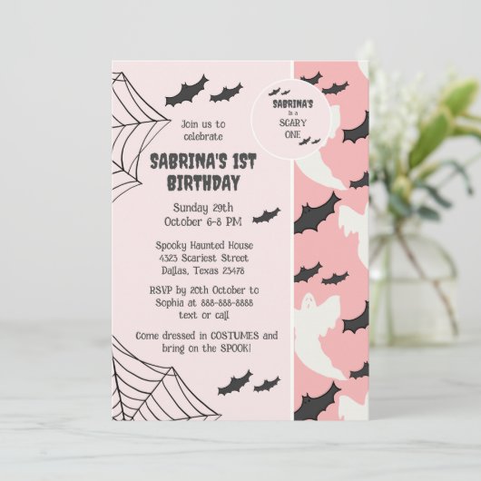 キュートピンクホラーワンハロウィーン誕生日招待状 招待状 (スタンド正面)