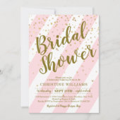 キュートピンクホワイトストライプ金ゴールド紙吹雪ブライダルシャワー 招待状 (正面)