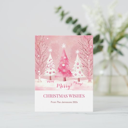 キュートピンクホワイトレトロクリスマス シーズンポストカード (スタンド正面)