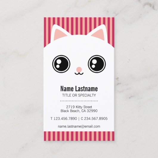 キュートピンクホワイト子猫顔ペットシッターテンプレート 名刺 (正面)
